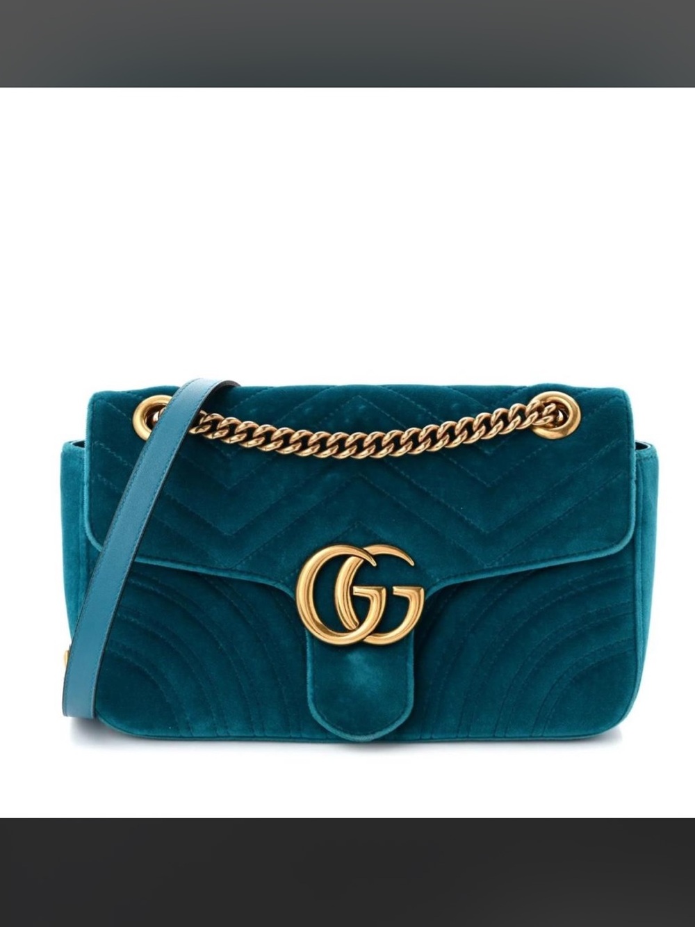 Marmont Teal Velvet Shoulder Bag with Gold GG Chain